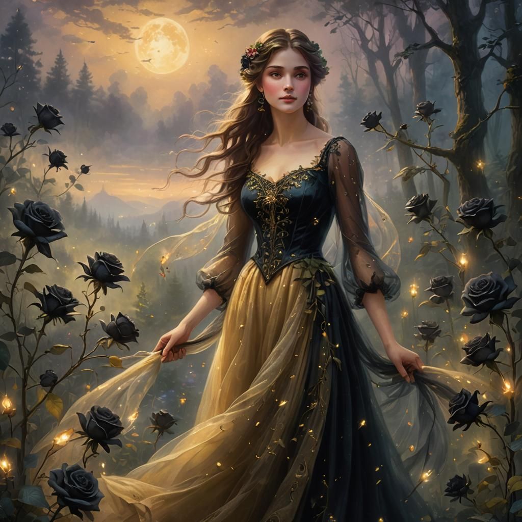 Delicate Maiden in Moonlit Black Rose Glade