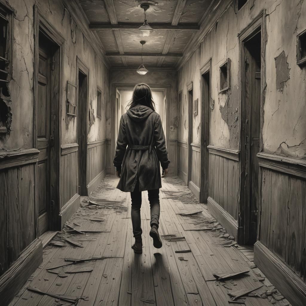 Girl Walking Through Dark, Abandoned Hallway in Hyper-Realis...