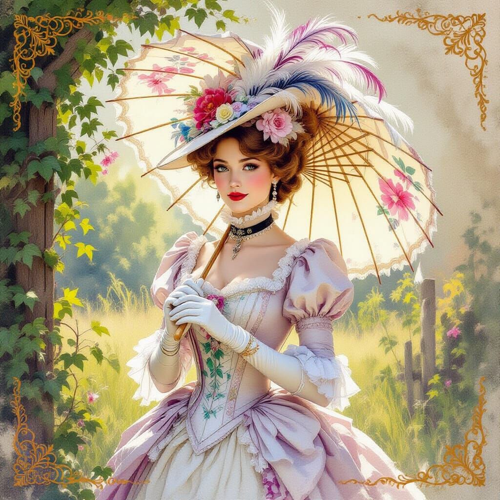 Edwardian Lady with Parasol, Digital Watercolor Art