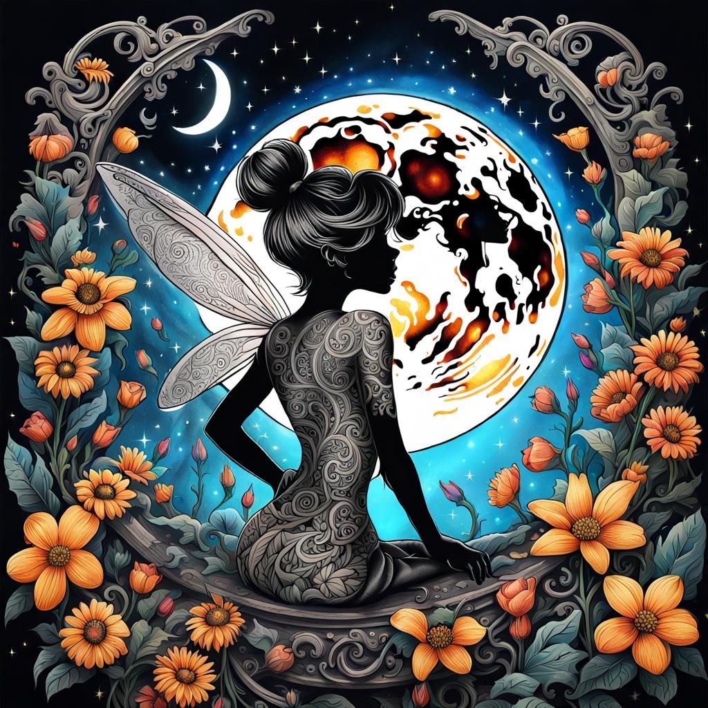 Epic Black Ink Tinkerbell Tattoo on Woman's Back with Flower...