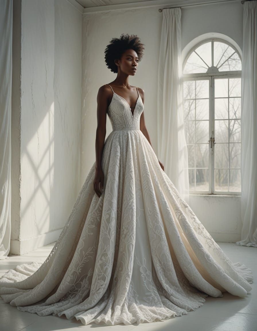 Ebony Woman in Ethereal Wedding Dress in Infinite White Spac...
