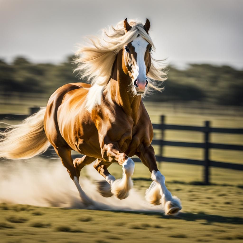 Palomino gypsy vanner horse galloping.
