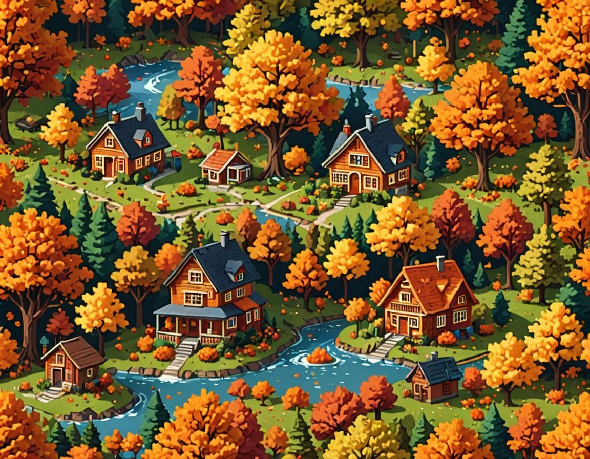 Vibrant Autumn Scene in Pixel Art