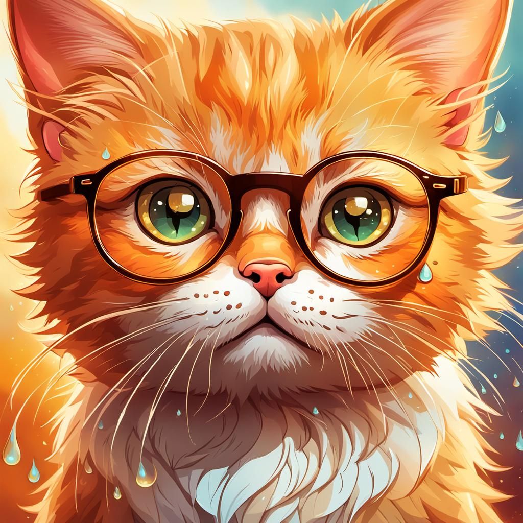 Sad Kitten in Vintage Style Glasses with Tearful Eyes