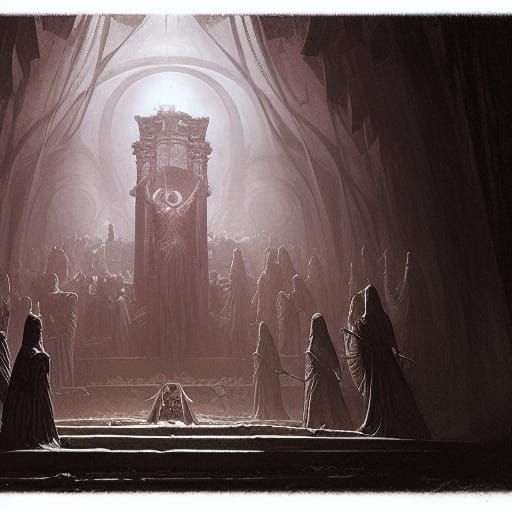 Mysterious Temple in a Dark Cult Ritual Scene