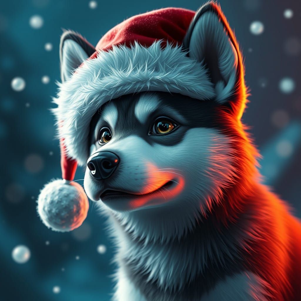 Nordic Husky Wears Santa Hat