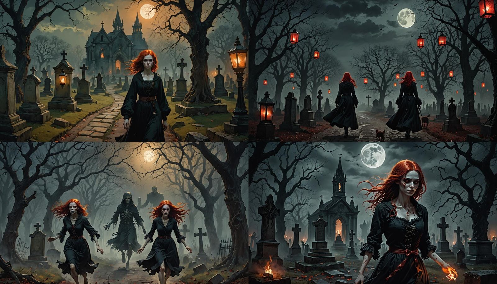 Gothic Beauty Chased by a Ghoul in a Dark Cemetery
