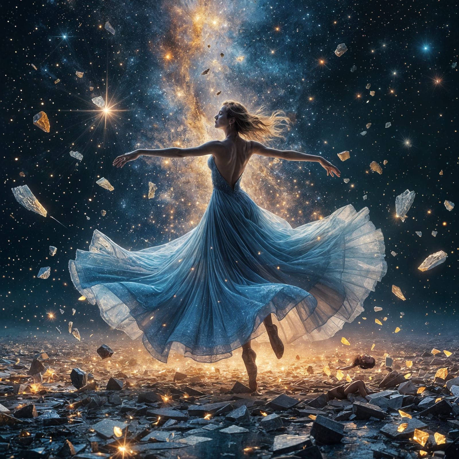 Dancer Amid Collapsing Universe in Surreal 8K