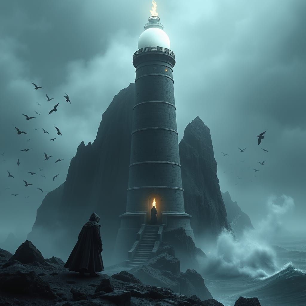 Mysterious Figure at Ancient Lighthouse in Dark Fantasy Styl...