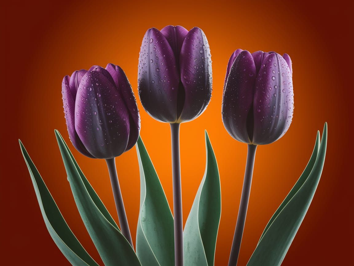 Dark Purple Tulips Against Vibrant Orange Background