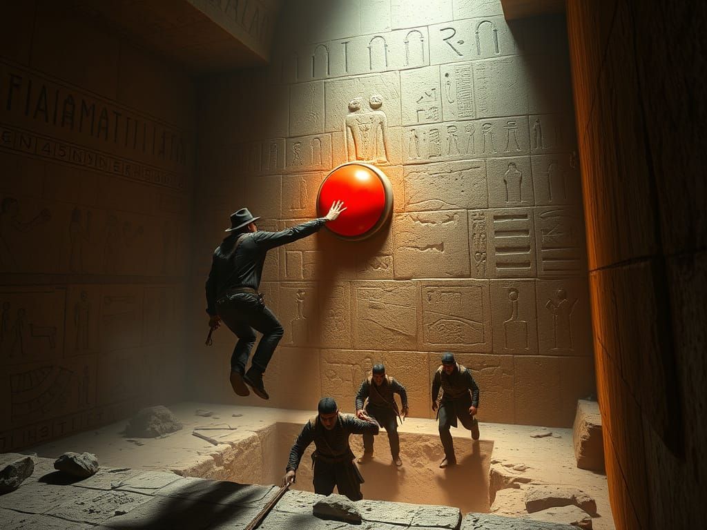 Ancient Pyramid Chamber with Ominous Red Button