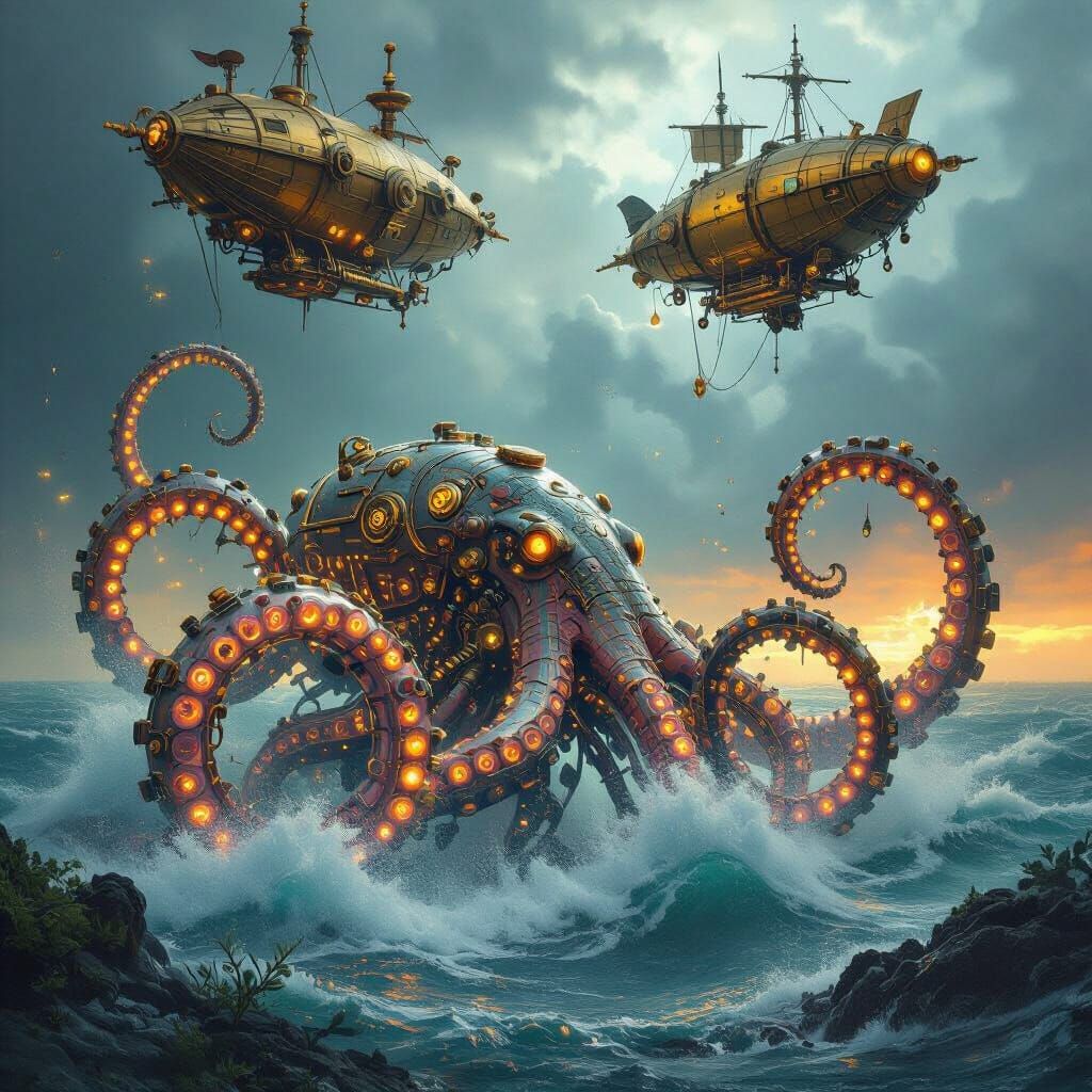 Cyborg Kraken Emerges from Ocean in Steampunk Style