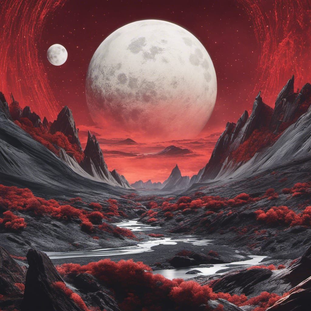 Moon with Red Rays in Detailed Matte Painting