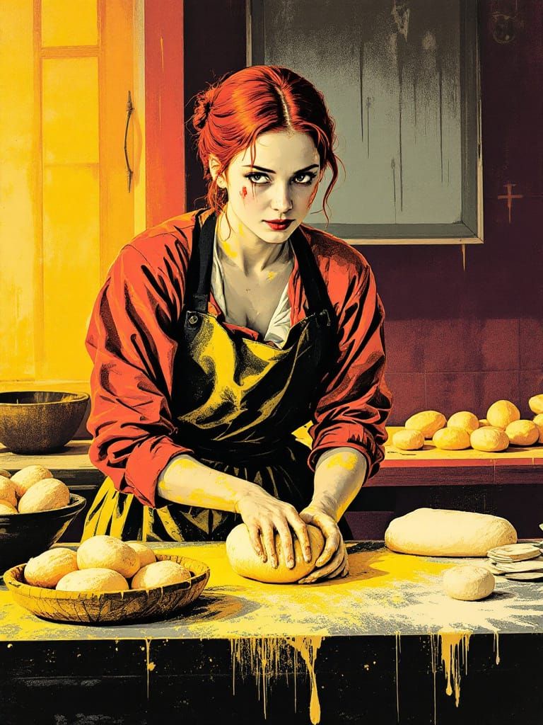 Redhead Baker Kneading Dough in Vibrant Kitchen
