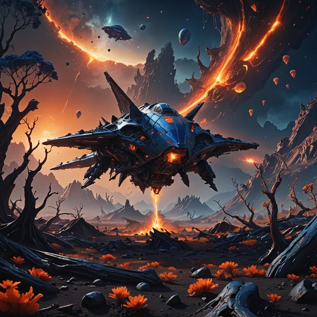 Dark Fantasy Planet with Alien Landscape and Crashed Spacesh...