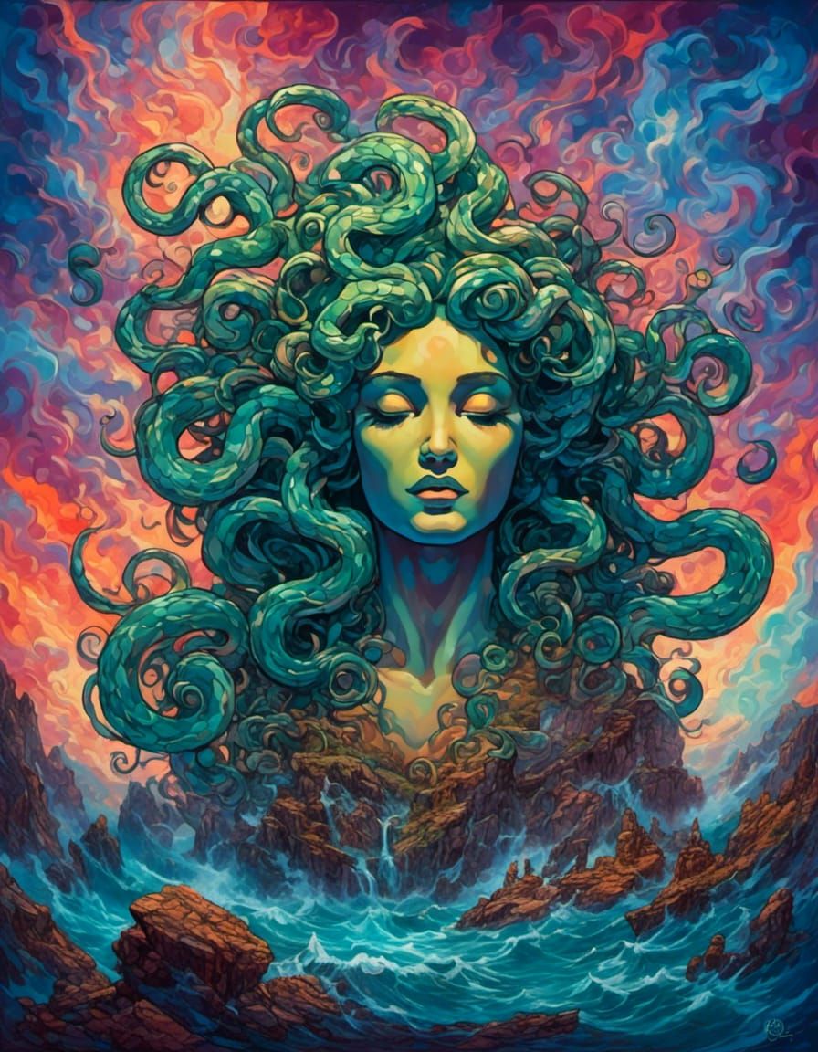 Ethereal Cartoon Medusa Reigns Over Hazy Dreamscape