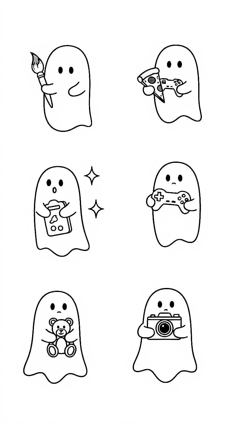Cartoon Ghosts with Everyday Objects in Line Art