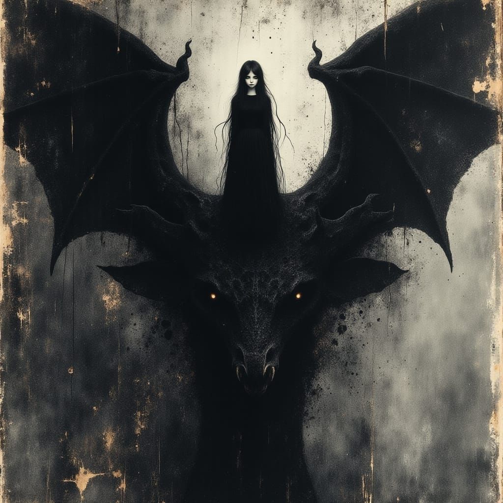 Haunting Girl on Dragon, in Dark Fantasy Style