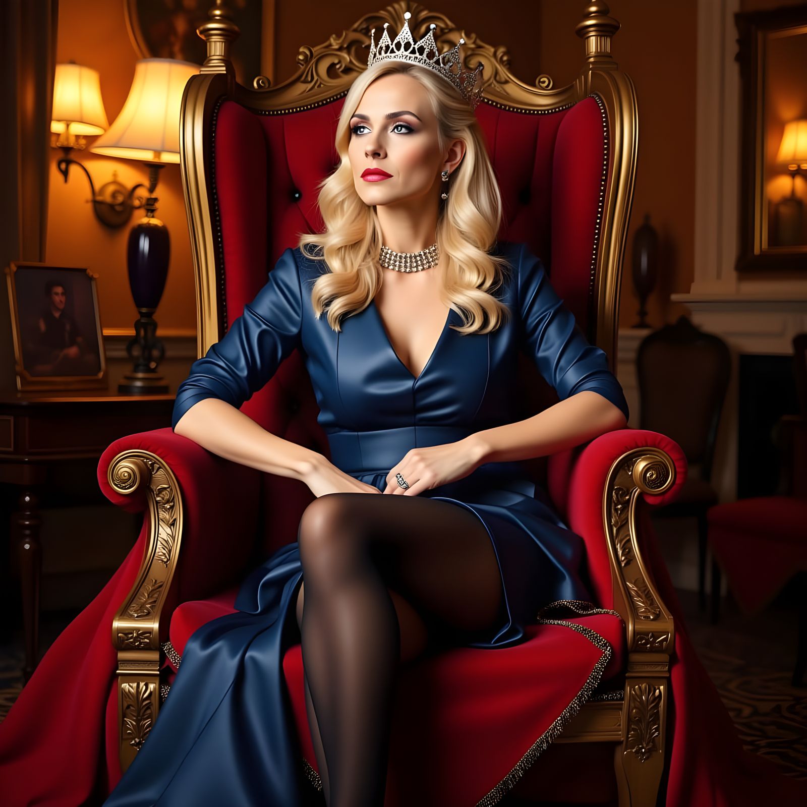 Hostile Blonde Queen in Regal Attire Glaring with Anger