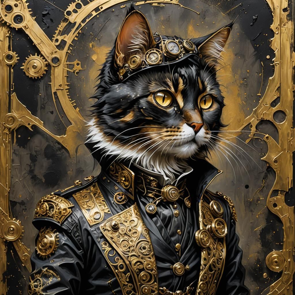 Steampunk Feline Portrait in Bold, Chaotic Lines
