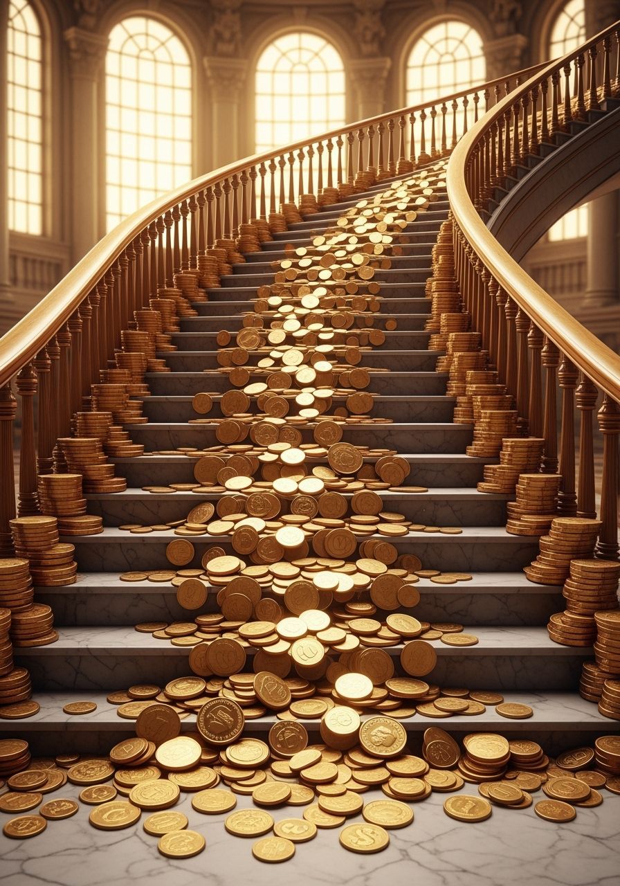 Grand Staircase of Cascading Gold Coins