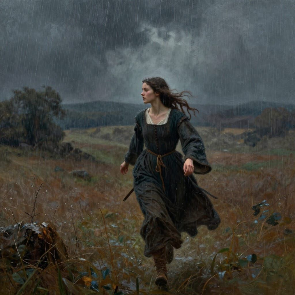 Medieval Woman Running in Atmospheric Rainstorm Oil Painting