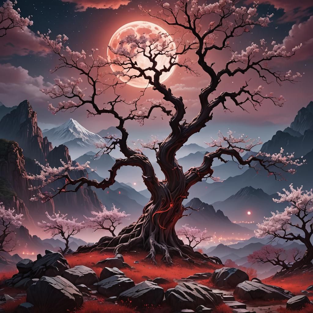 Ethereal Moonlit Landscape Painting in Mystical Style