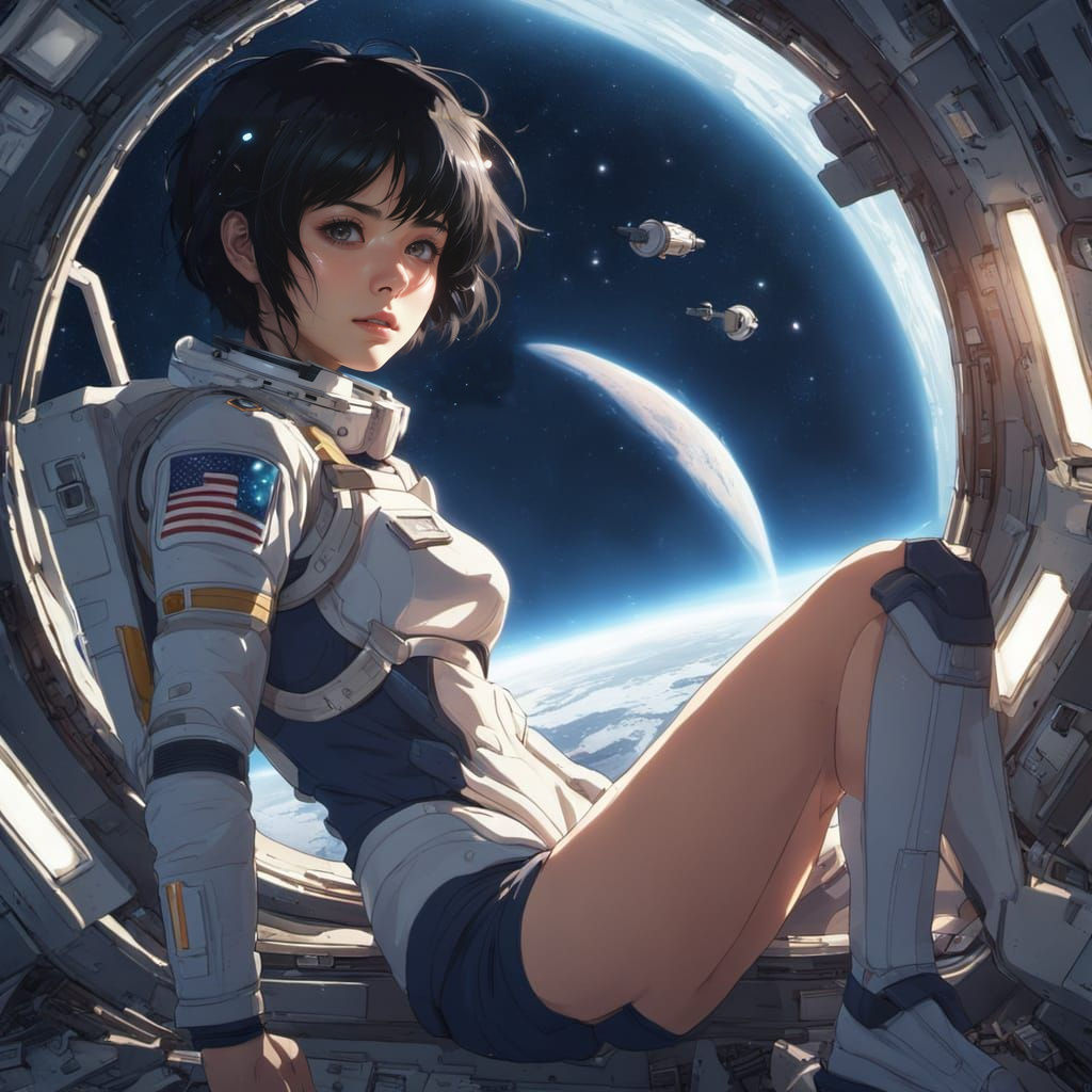 Melancholic Anime Woman in Zero Gravity, Damaged Spaceship