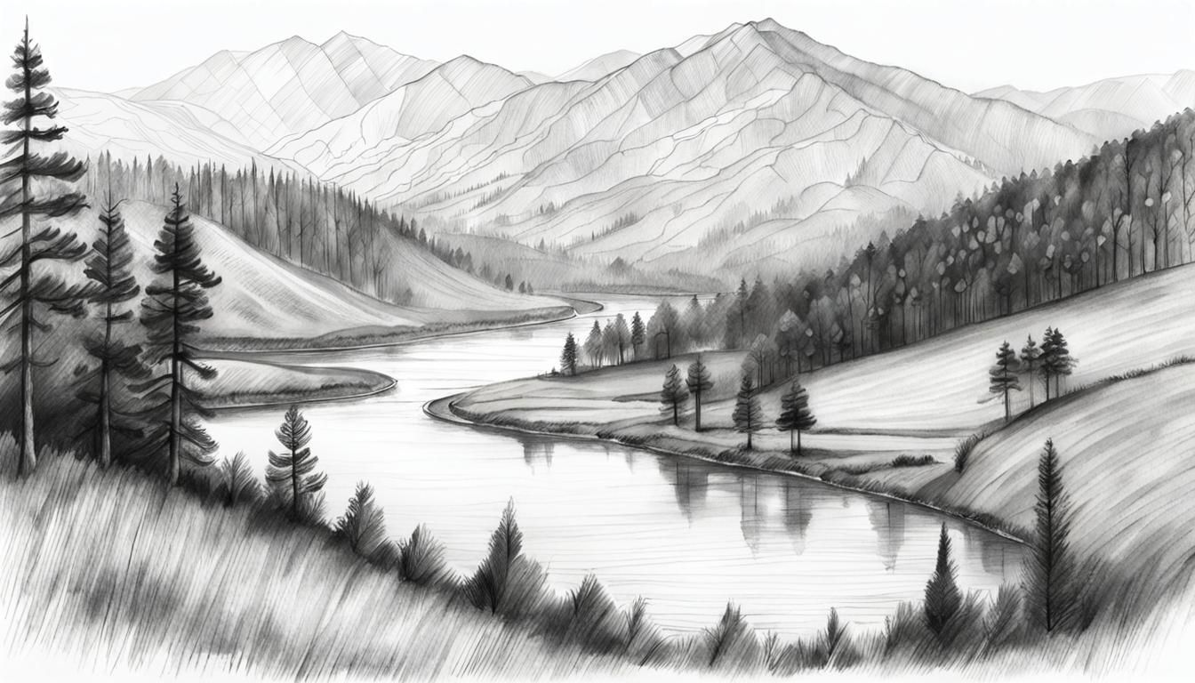 Serene Black and White Valley Scene in Pencil Sketch