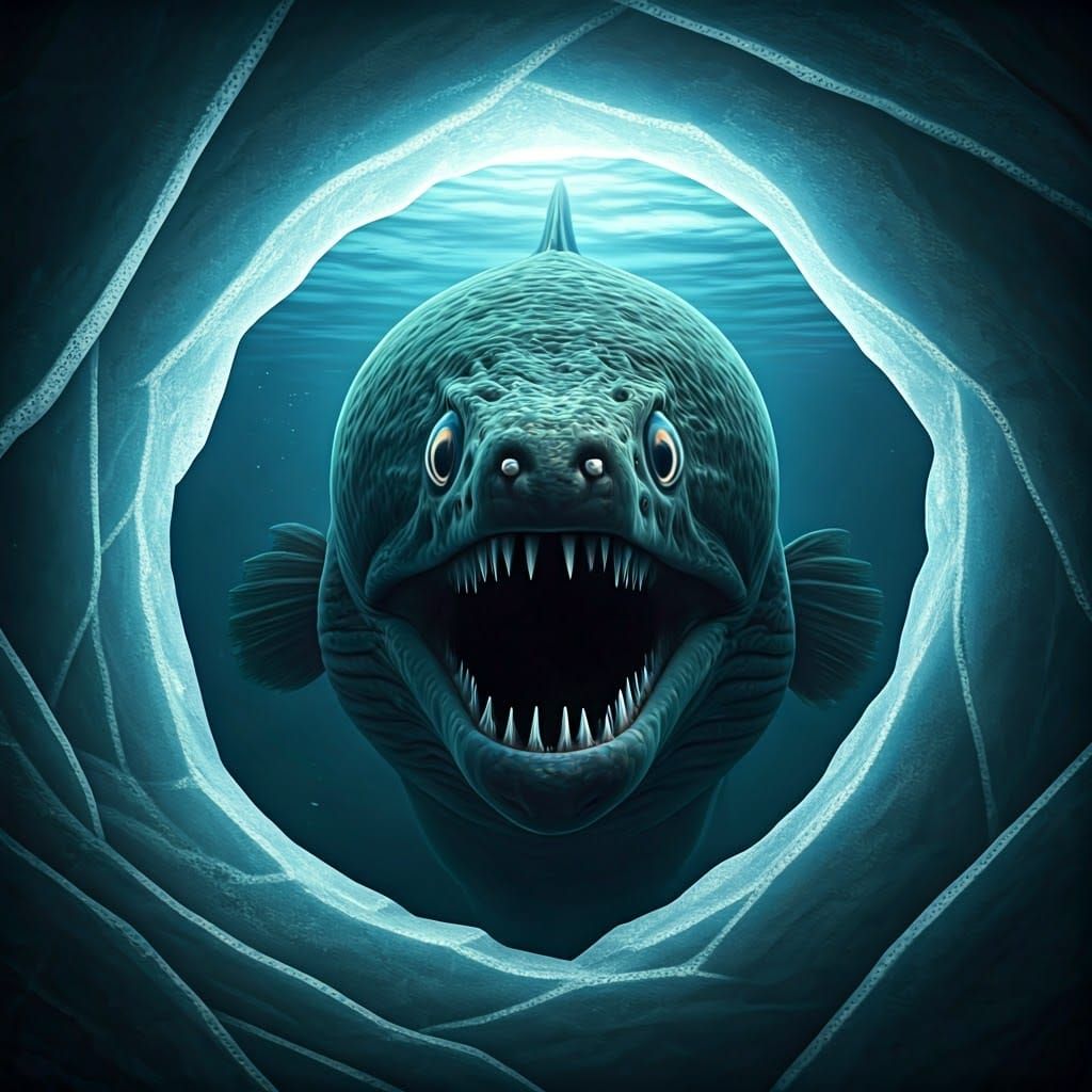 Gargantuan Moray Eel Trapped in Ice, Exuding Malevolence