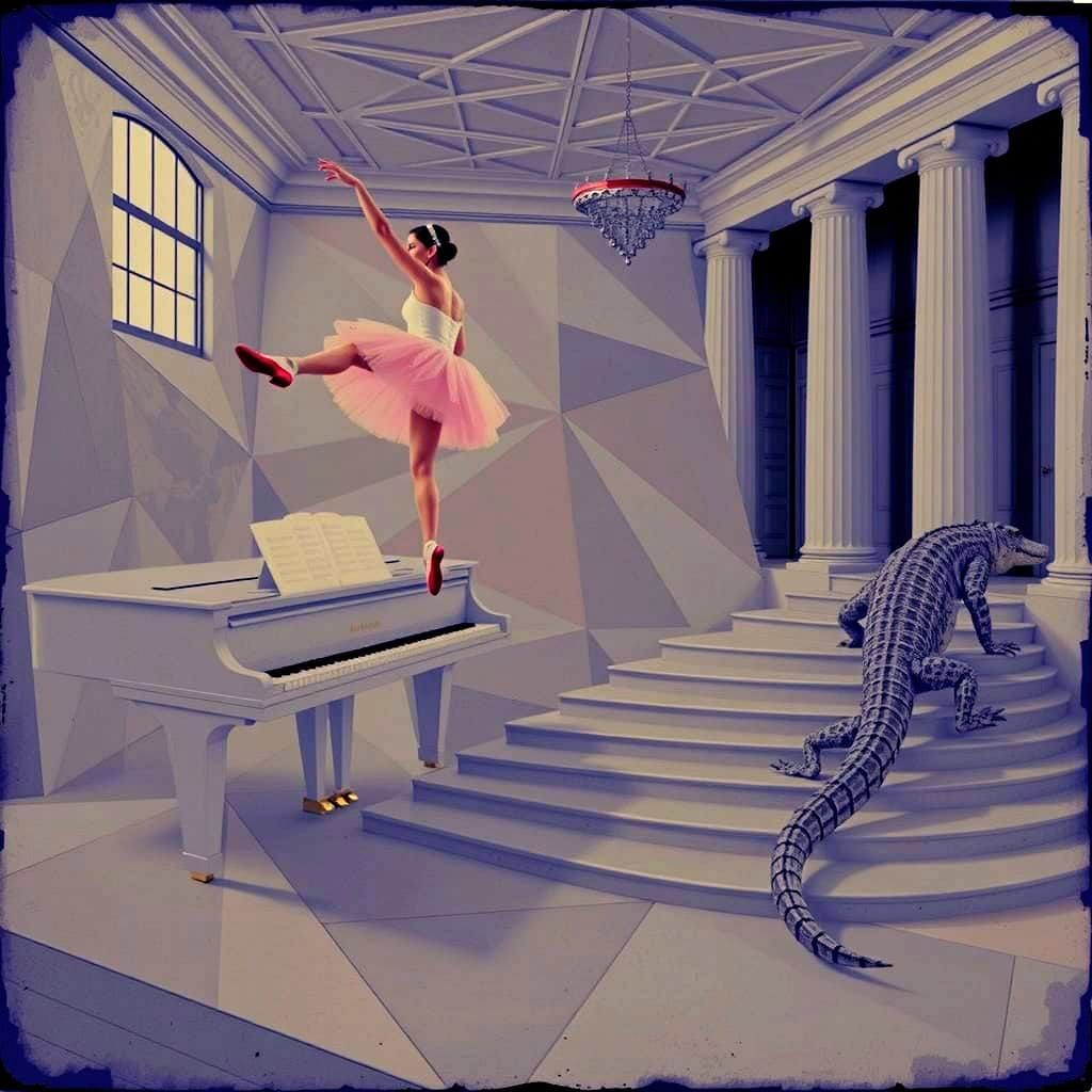 Ballerina Dances with Crocodiles in Hyperreal Staircase