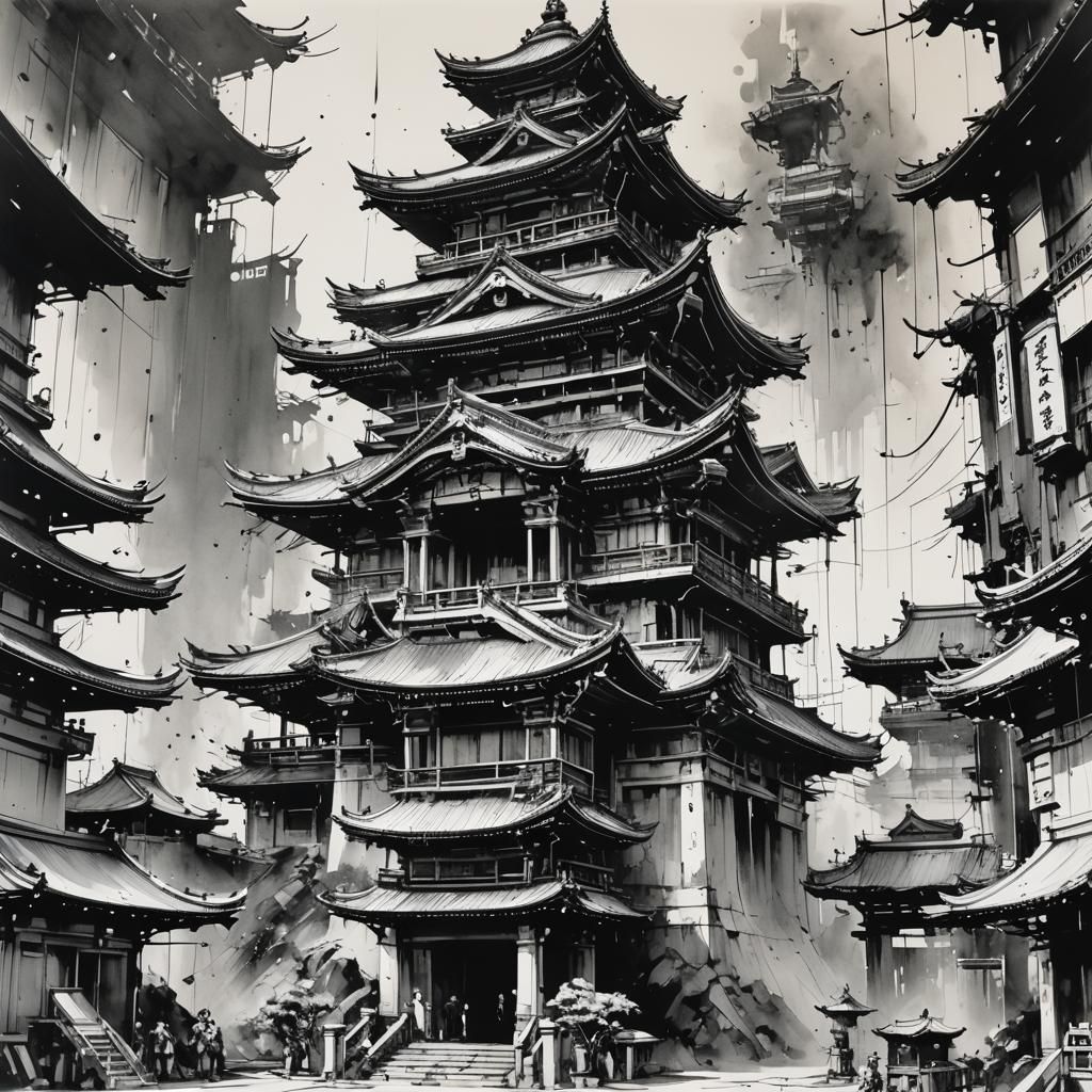 Futuristic Japanese Temple in High Contrast Black and White