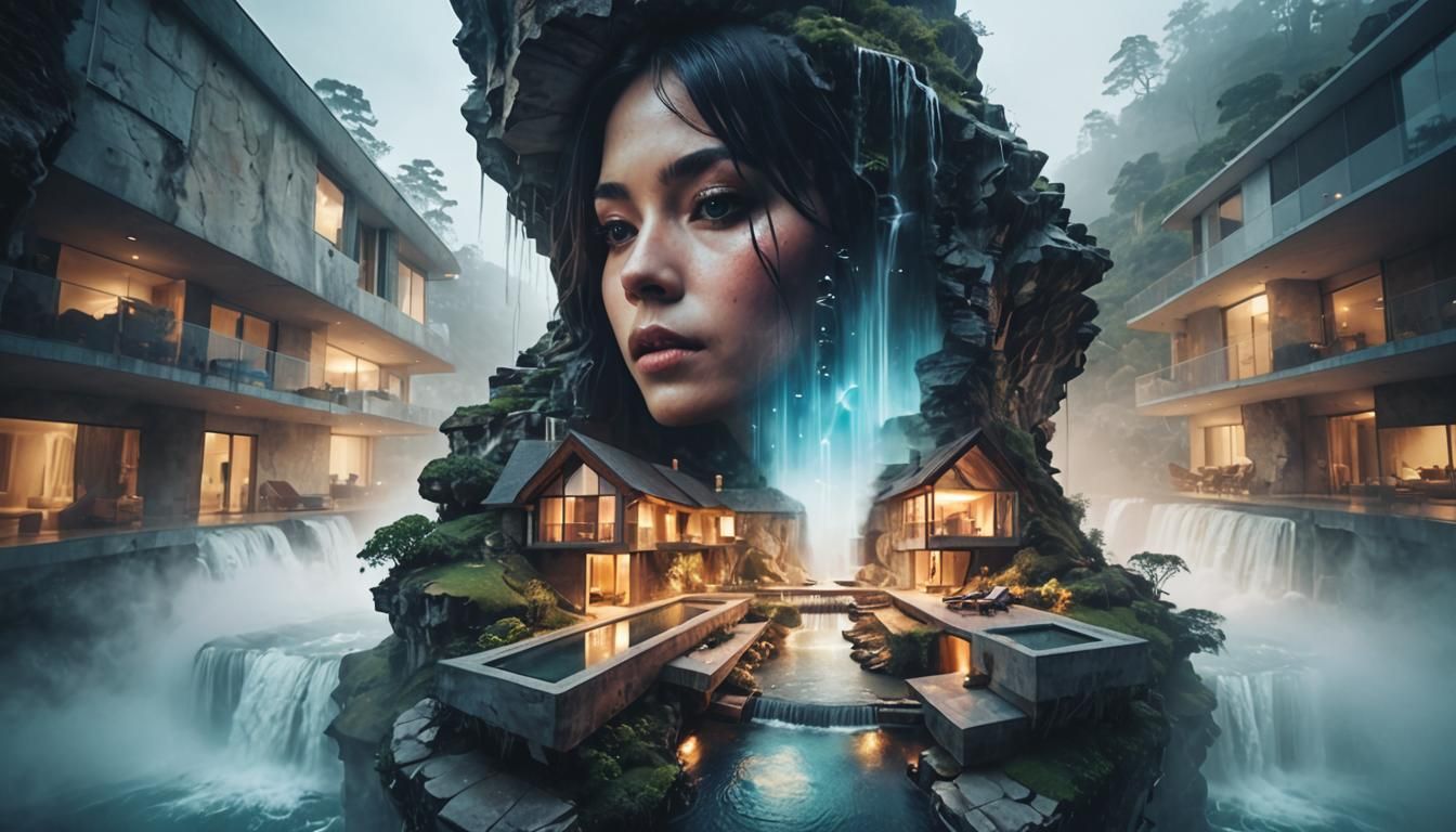 Cliffside House with Waterfall and Ethereal Ghost Face