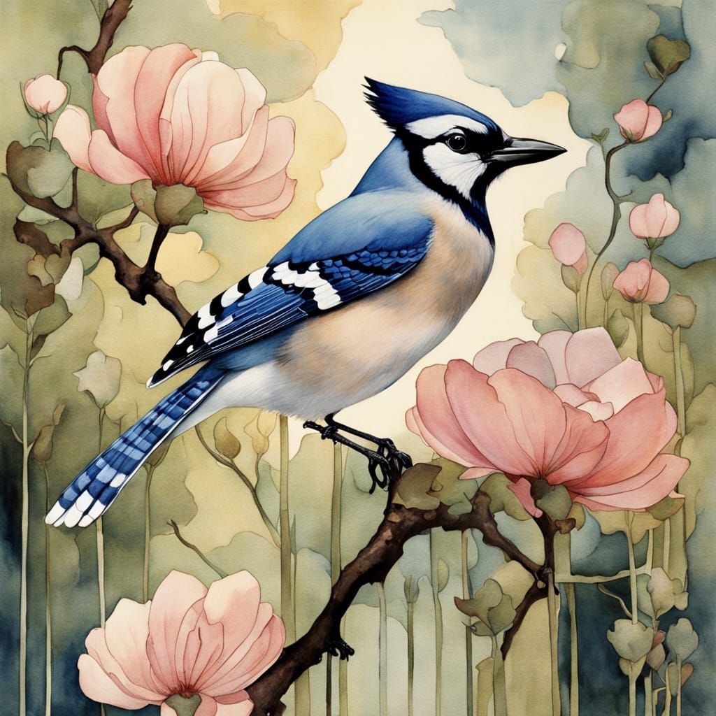 Whimsical Watercolour Blue Jay in Blossomed Branch