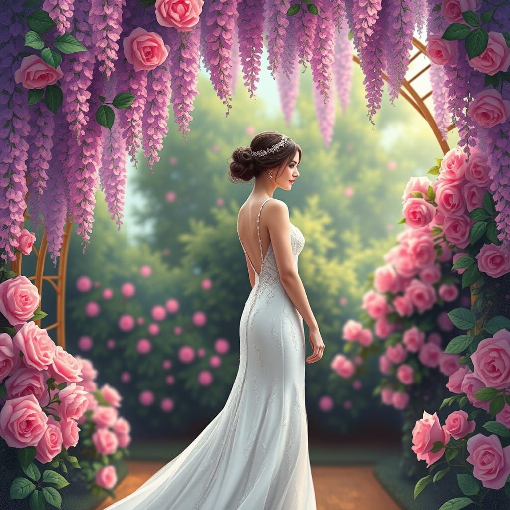 Whimsical 1920s Bride Under Wisteria and Roses