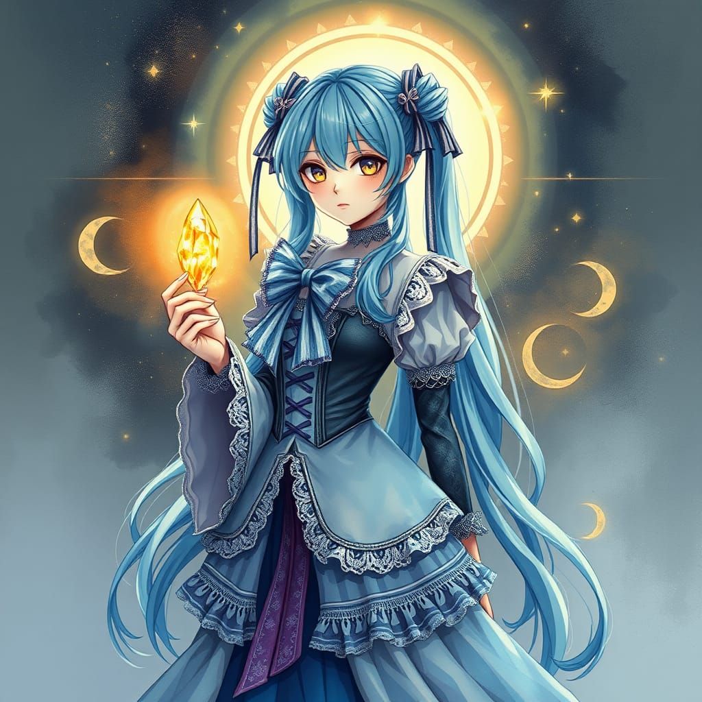 Victorian Hatsune Miku Tarot Card in Watercolor Style