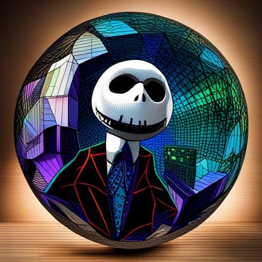 Low Poly Jack Skellington in Vibrant, Glowing Glass Art