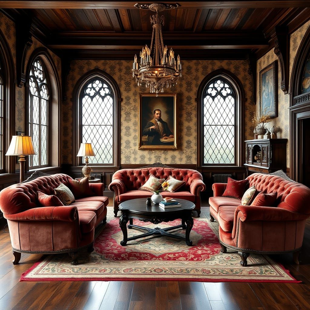 Victorian Castle Living Room with Ornate Furnishings