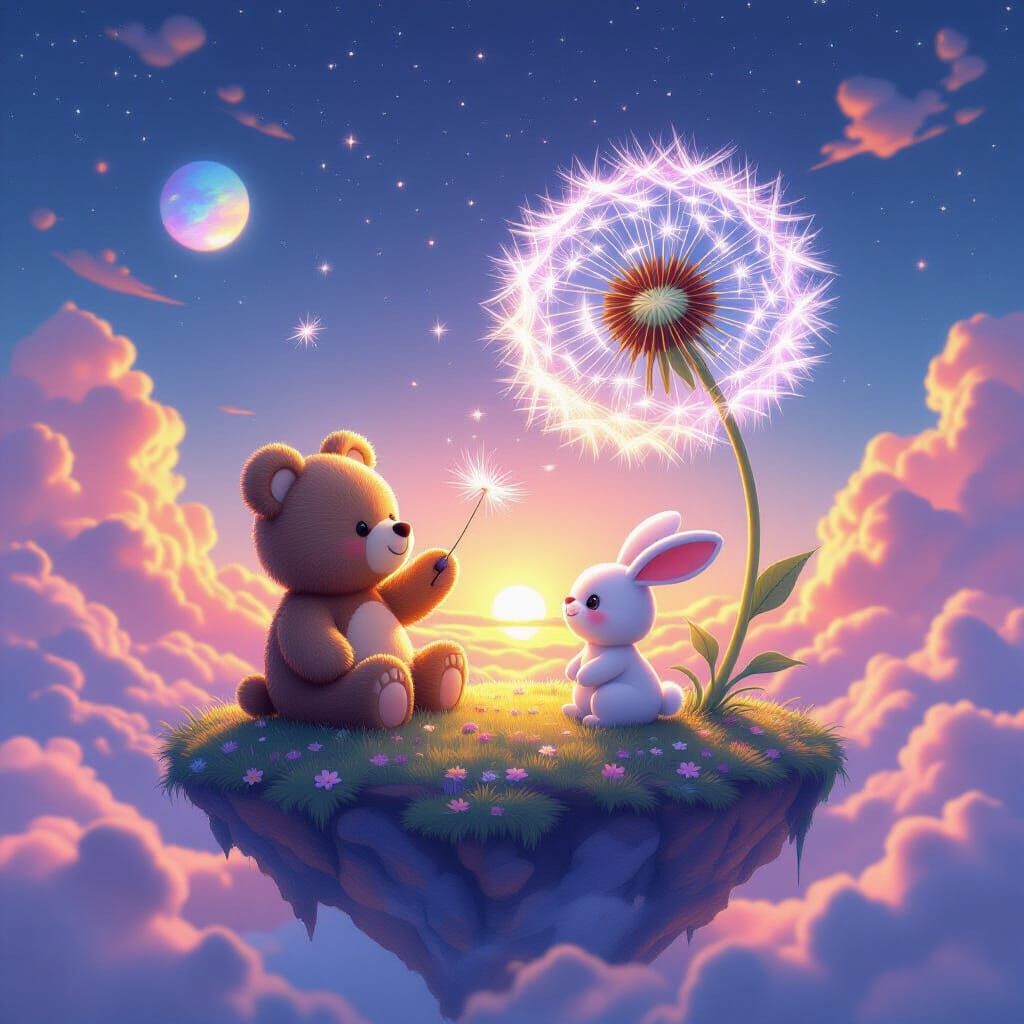 Stardust Creatures Play With Giant Dandelion on Cosmic Islan...