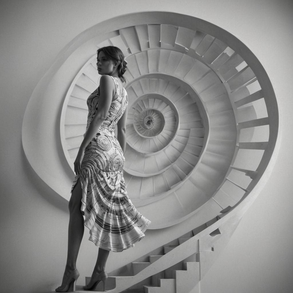 Surreal Woman Ascends Fibonacci Staircase in Grayscale Dream...
