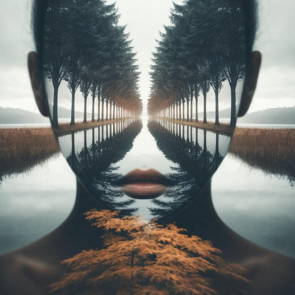 Serene Landscape with Woman's Eyes Aligning with Trees