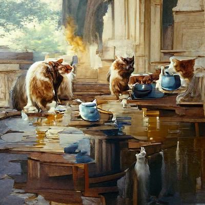 Whimsical Cats Savoring Tea in a Gentle Oil Painting