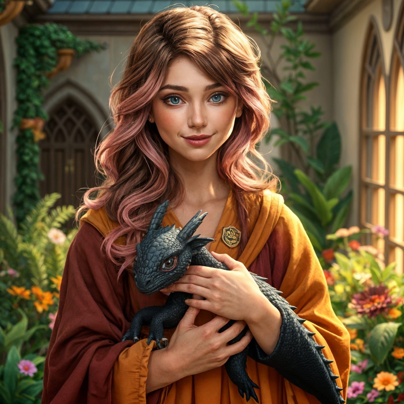 Hufflepuff Woman with Dragon in Whimsical Hair Color