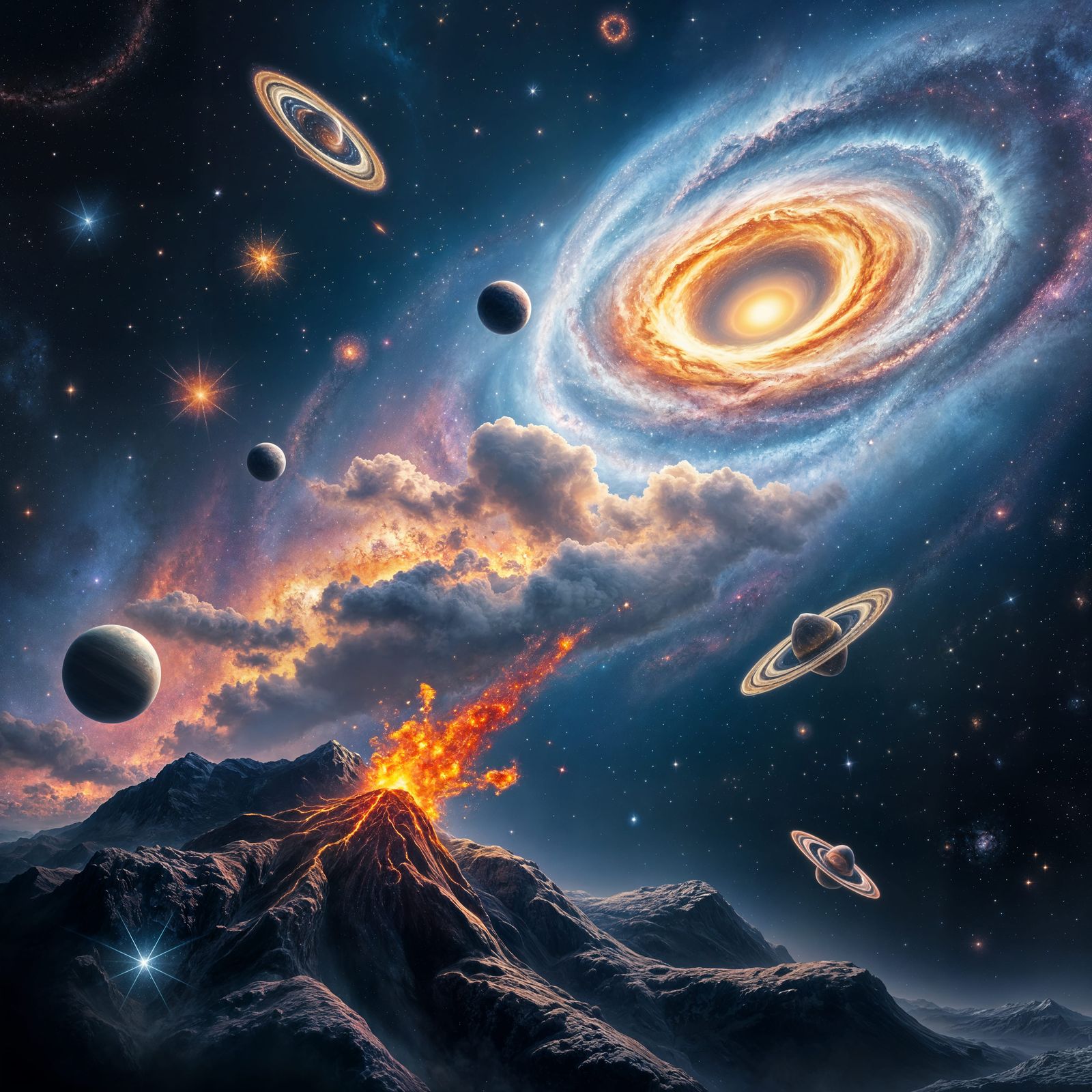 Surreal Cosmic Landscape with Swirling Galaxy and Nebulas
