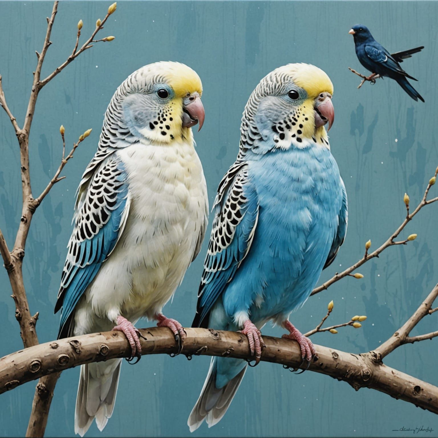 White Budgie on Branch, Oil and Ink Painting
