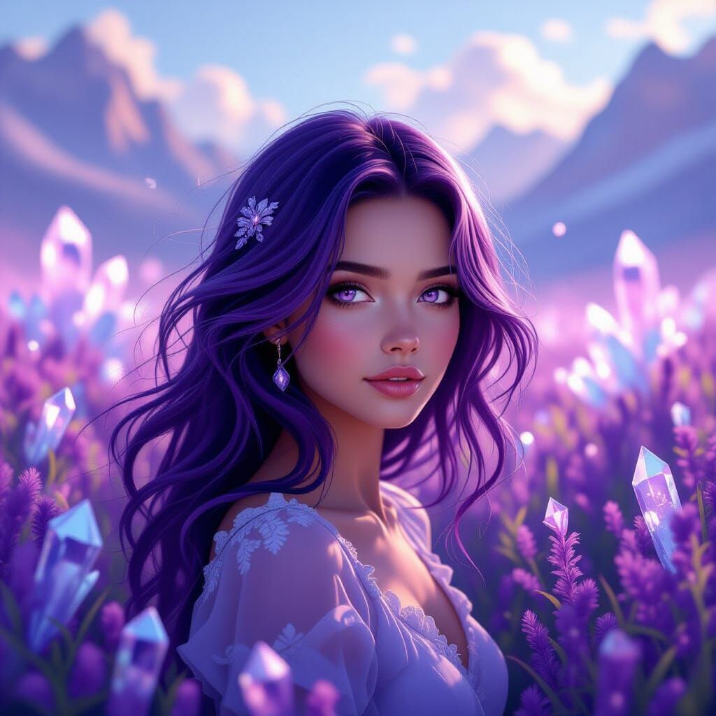 Amethyst Haired Woman in Crystal Field, Digital Painting