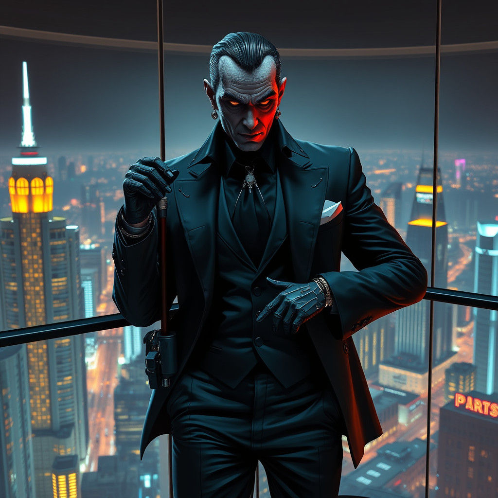 Cybernetic Mafia Lord in Futuristic High-Rise