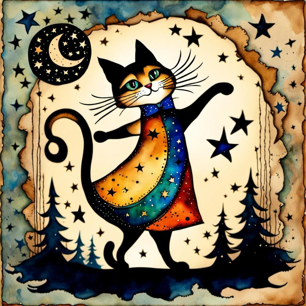 Whimsical Dancing Cat in Watercolor