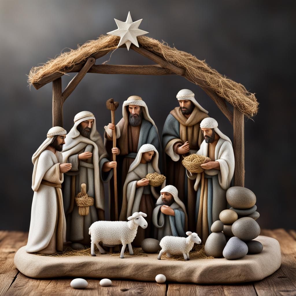 Nativity scene with Joseph, mary, baby, three wise men, shep...
