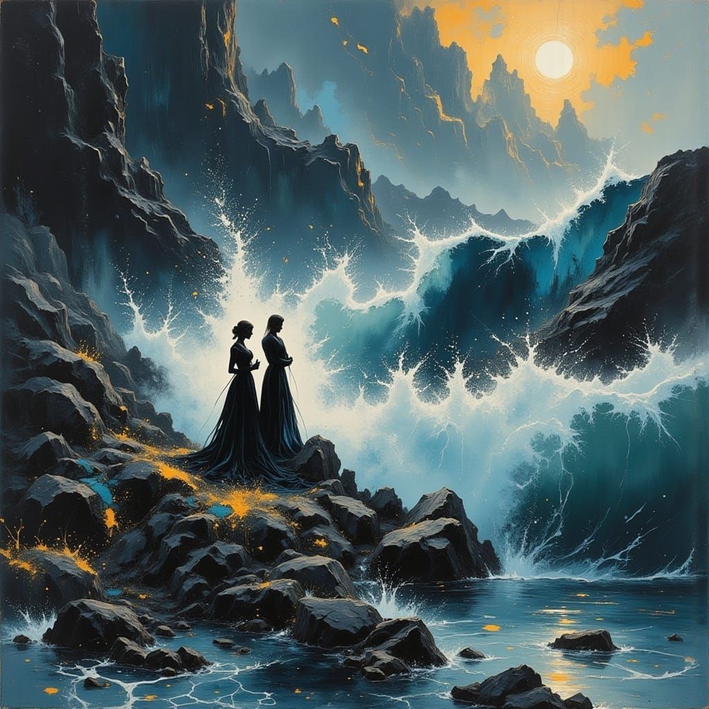 Battleships Sinking Beneath Waves in Abstract Luminescent Ar...